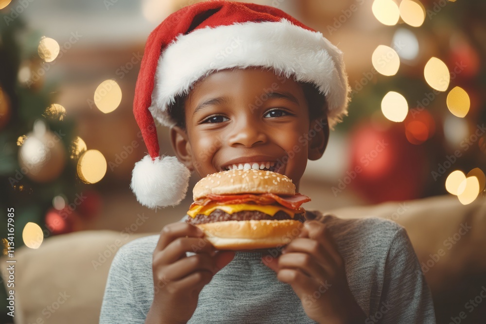 Cute african boy enjoying a big burger in a restaurant during christmas holidays Cute african boy enjoying a big burger in a restaurant during christmas holidays