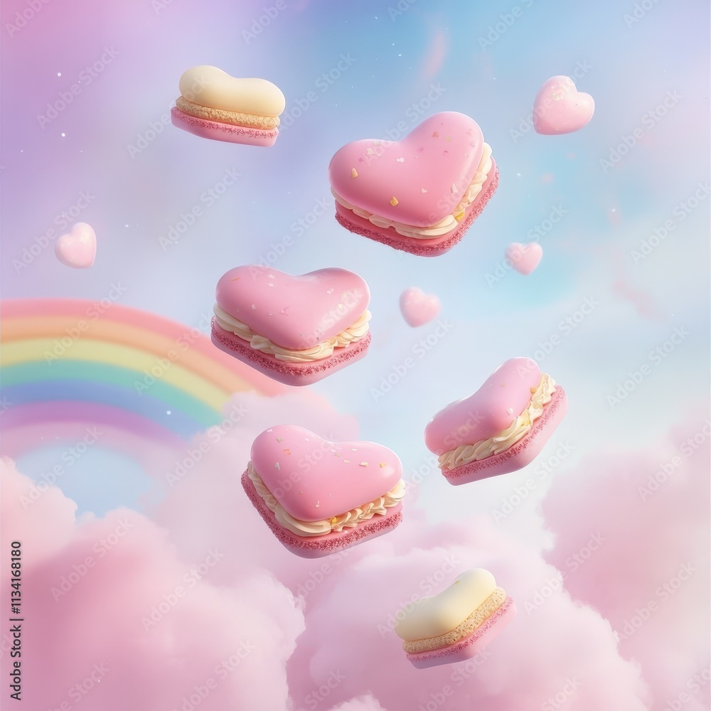 Fototapeta premium A whimsical scene featuring heart-shaped macarons floating in a pastel sky with clouds and a rainbow.