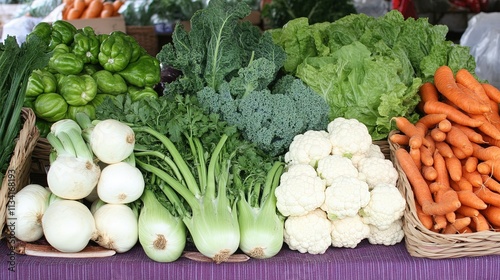 A close-up of freshly harvested organic vegetables displayed at a farmerÃ¢â‚¬â„¢s market. photo