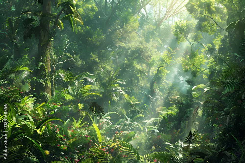 Lush Forest Landscape with Abundant Flora and Meandering River in Serene Natural Setting Lush Forest Landscape with Abundant Flora and Meandering River in Serene Natural Setting
