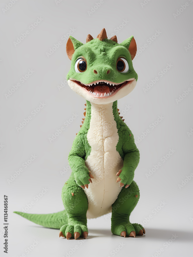 A smiling. green-and-white stuffed dragon from A smiling. green-and-white stuffed dragon from