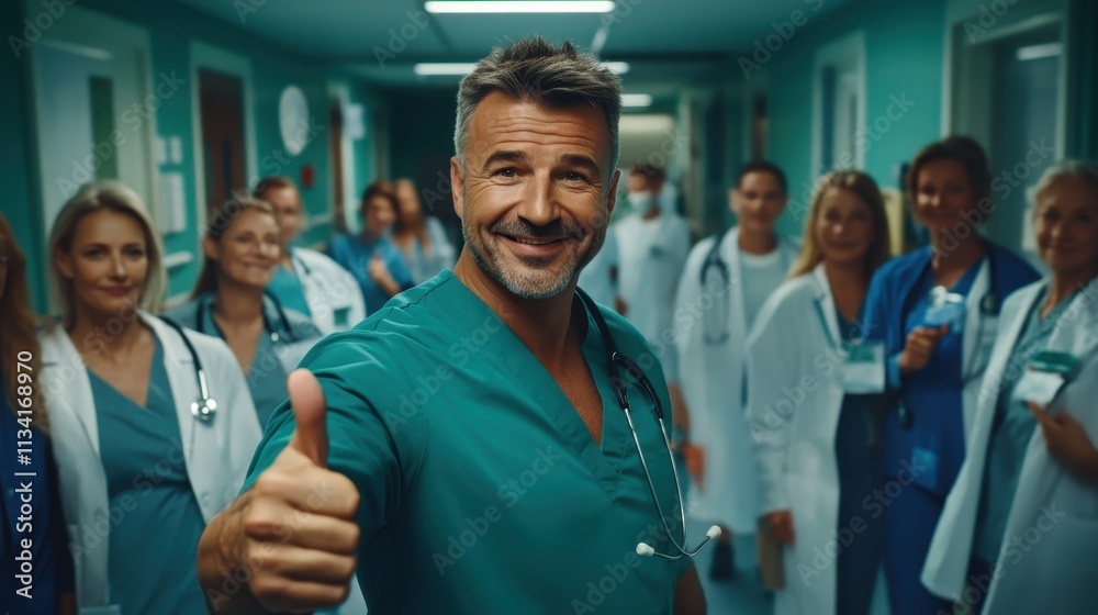 Confident doctor with thumbs up, leading a team of medical professionals in a hospital corridor. Confident doctor with thumbs up, leading a team of medical professionals in a hospital corridor.