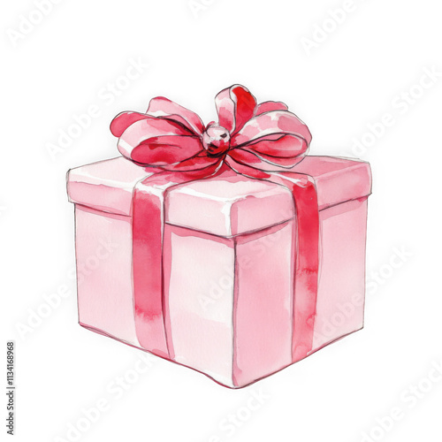 Watercolor illustration of a vibrant pink gift box tied with a ribbon. Perfect for cards, posters, stickers, and crafts.