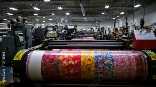 Industrial printing press in a large facility with colorful printed rolls. photo