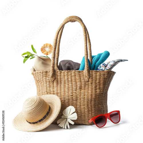 Beach bag with summer accessories straw hat towel sunglass isolated on white