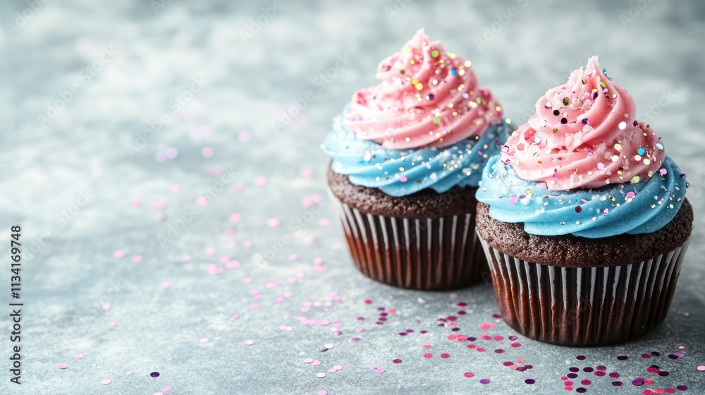 Two colorful cupcakes with pink and blue frosting, decorated with sprinkles on a textured surface. Two colorful cupcakes with pink and blue frosting, decorated with sprinkles on a textured surface.