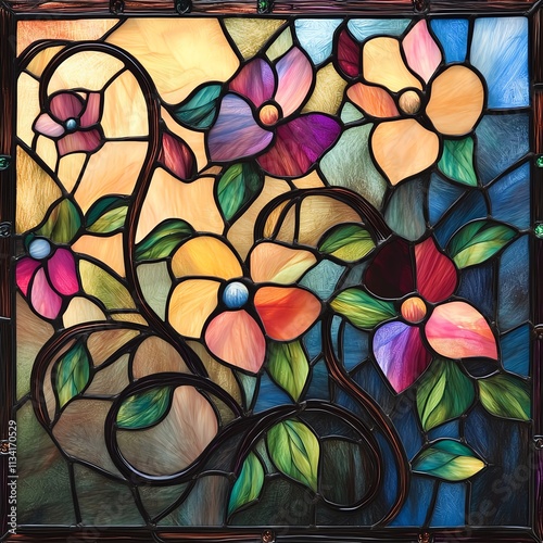 Colorful stained glass art featuring flowers and leaves on a textured background.