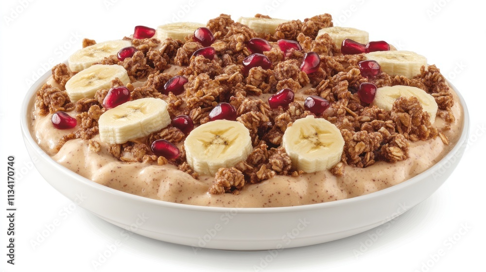 A bowl of creamy dessert topped with granola, banana slices, and pomegranate seeds. A bowl of creamy dessert topped with granola, banana slices, and pomegranate seeds.