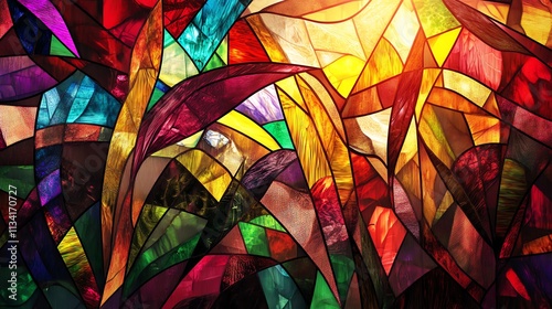 Vibrant stained glass artwork with colorful abstract patterns and shapes.
