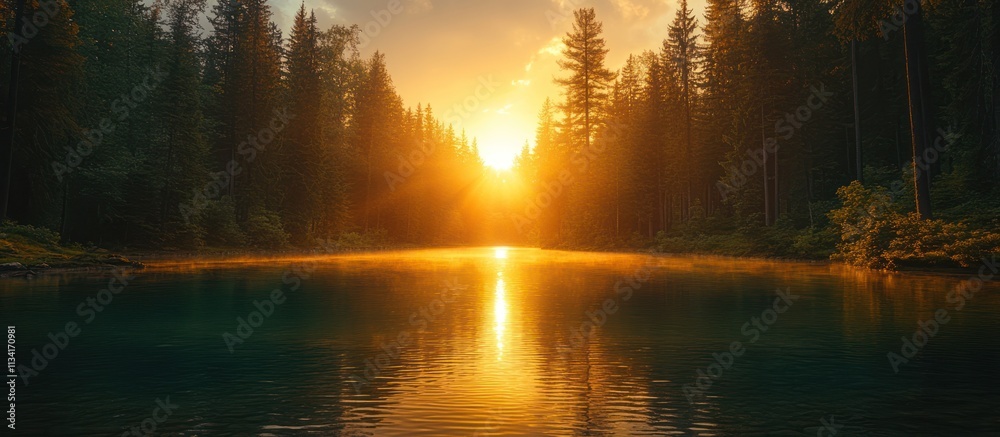 Sunrise over tranquil lake in a pine forest. Sunrise over tranquil lake in a pine forest.