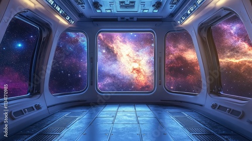 A cozy observation deck inside a space station, with large windows offering a panoramic view of distant stars and nebulae