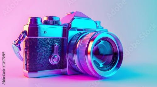 Close-up of a vintage camera with a blue and purple gradient light.