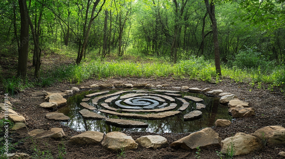 A serene stone labyrinth in a lush green forest. A serene stone labyrinth in a lush green forest.