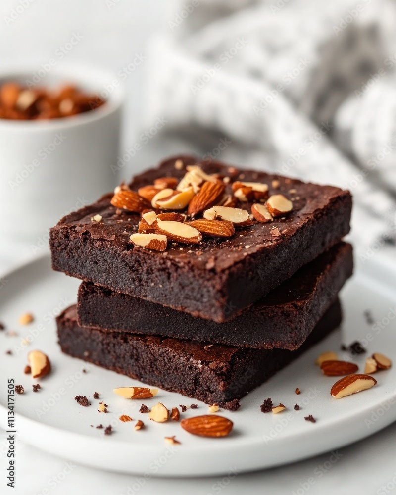 A plate of chocolate brownies topped with almonds, showcasing a delicious dessert. A plate of chocolate brownies topped with almonds, showcasing a delicious dessert.