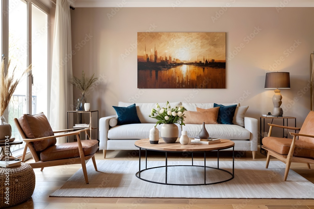 Beautiful living room with wooden furniture and mocha mousse color theme decor. Beautiful living room with wooden furniture and mocha mousse color theme decor.