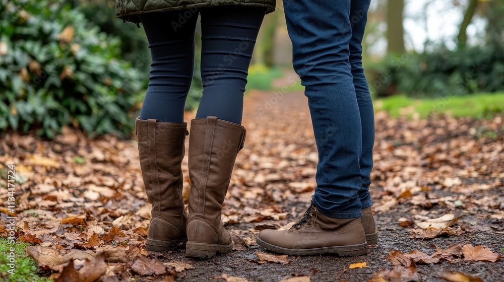 Couple's legs standing on autumn leaves path. Couple's legs standing on autumn leaves path.