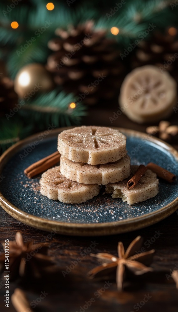 A decorative plate of sweet treats with spices, set against a festive backdrop. A decorative plate of sweet treats with spices, set against a festive backdrop.