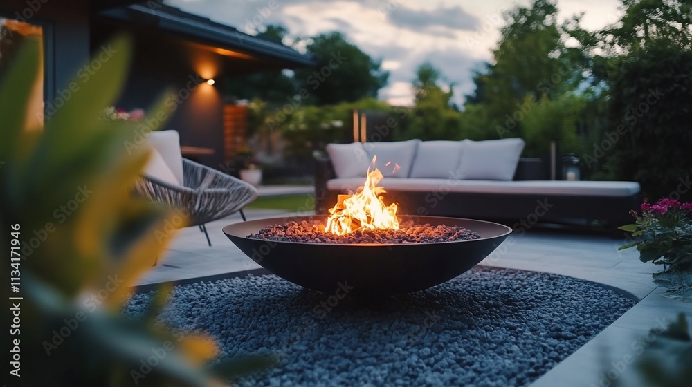 Cozy outdoor space featuring a fire pit surrounded by modern seating. Cozy outdoor space featuring a fire pit surrounded by modern seating.