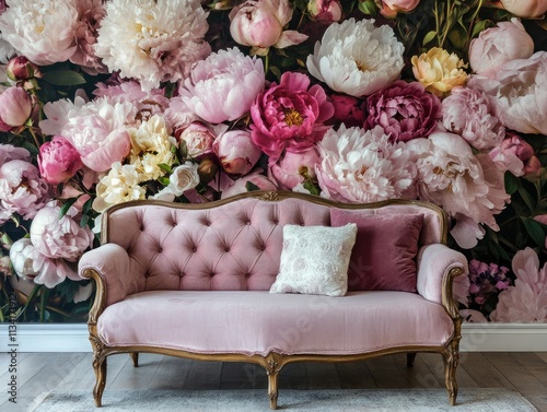  Floral wallpaper featuring modern flowers, with sofa in living room interior.