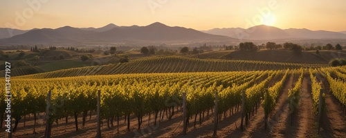 Aglianico del Vulture vineyard with a golden sunrise over the Lucan hills, Italy, fall foliage, autumn harvest photo