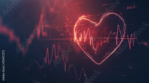 Abstract digital illustration of glowing heart shape surrounded by dynamic graphs and vibrant red and black color palette representing healthcare and love themes photo