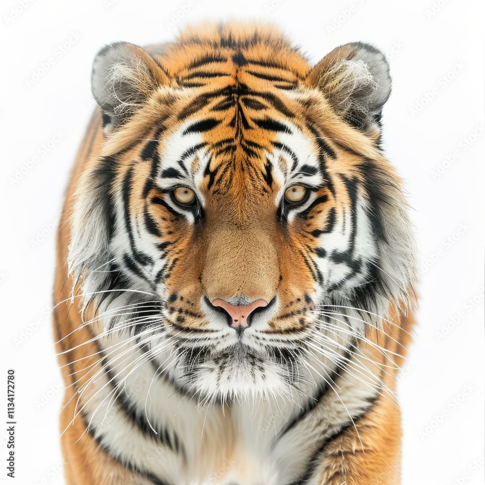 Fototapeta premium Majestic siberian tiger walking towards camera isolated on white background, creating a powerful and captivating image