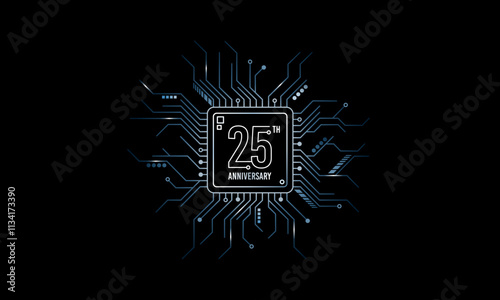 25th Anniversary Logo of Chipset, CPU, GPU, AI Technology Company. Vector illustration.