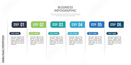 6 Steps Infographic to Showcase Your Business Journey and Growth. Presentation, Data, Information, Strategy, Timeline, Milestone and Plan. Vector illustration.