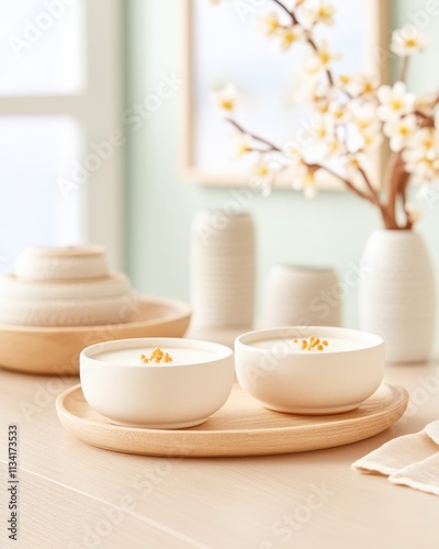 A serene display of two bowls on a wooden tray, surrounded by decorative vases.