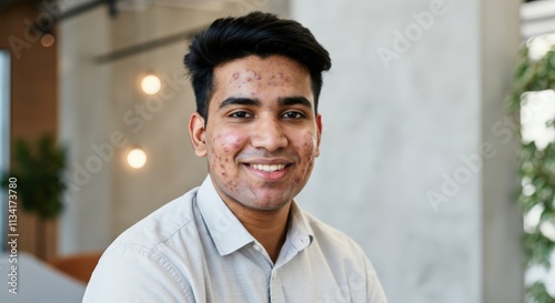 Confident young south asian male in casual office setting demonstrating diversity and professionalism