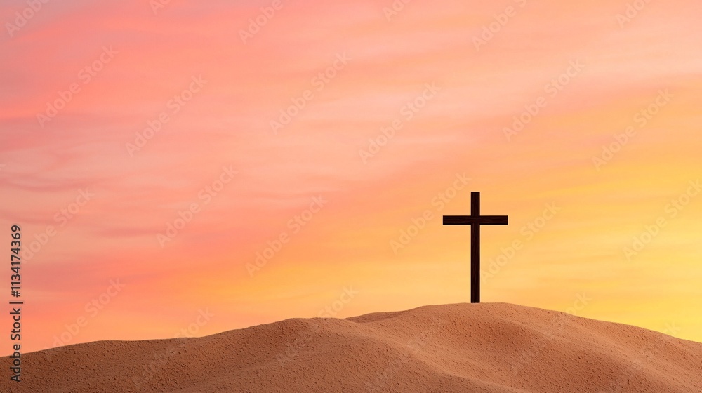 Crucifix faith religion wood concept. A silhouette of a cross on a sandy hill against a vibrant sunset sky. Crucifix faith religion wood concept. A silhouette of a cross on a sandy hill against a vibrant sunset sky.