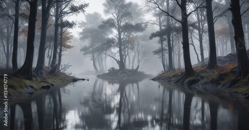 Grey misty light landscape with blurred trees and subtle water reflections, water, misty, grey photo