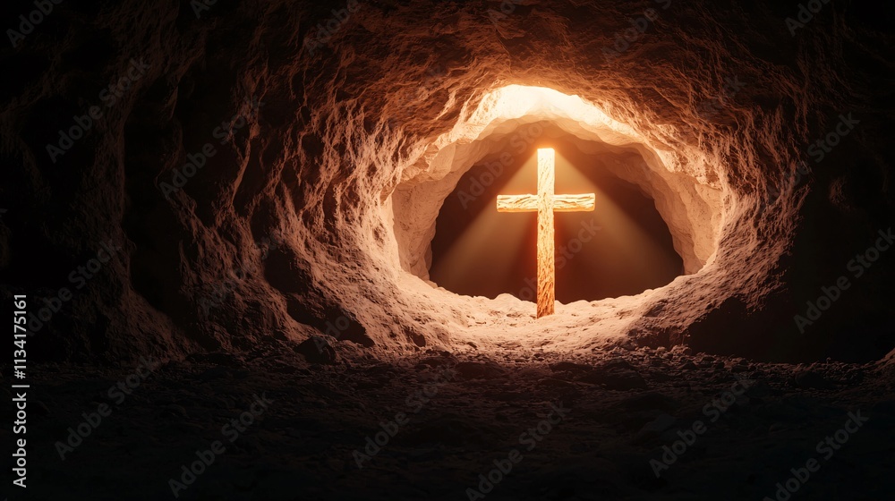 Naklejka premium Crucifix faith religion wood concept. A glowing cross illuminated inside a dark cave, symbolizing hope and faith.