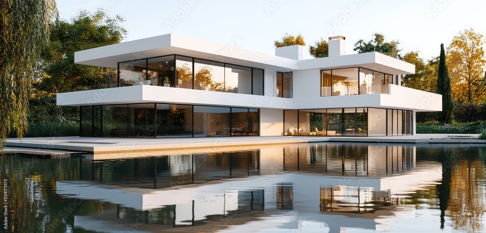 Fototapeta premium Contemporary home with glass windows and a tranquil garden near water, reflecting in the surface.