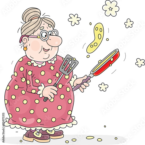 Funny granny skillfully frying tasty pancakes from sweet batter, vector cartoon illustration on a white background
