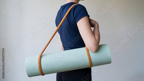 Woman carrying a light mint green yoga mat with a tan braided strap.