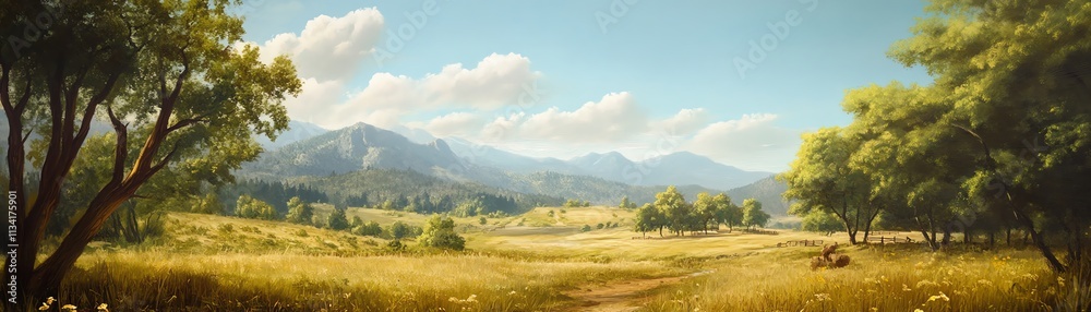 Scenic landscape with mountains, green trees, and a vast, golden field under a blue sky. Scenic landscape with mountains, green trees, and a vast, golden field under a blue sky.