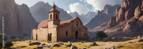 Adobe stone church in a secluded Andean valley , Machuca, altitude, mountainous photo