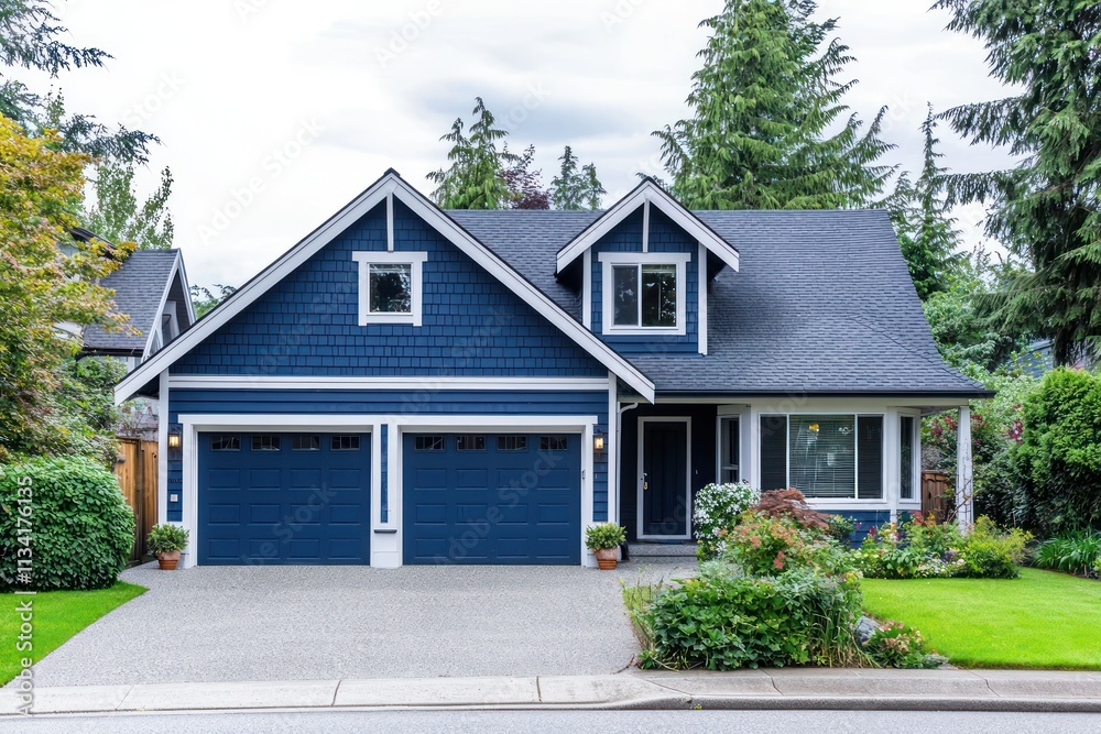 Cozy navy blue house with gable roof, spacious garage, and inviting front porch in a peaceful spot. Cozy navy blue house with gable roof, spacious garage, and inviting front porch in a peaceful spot.