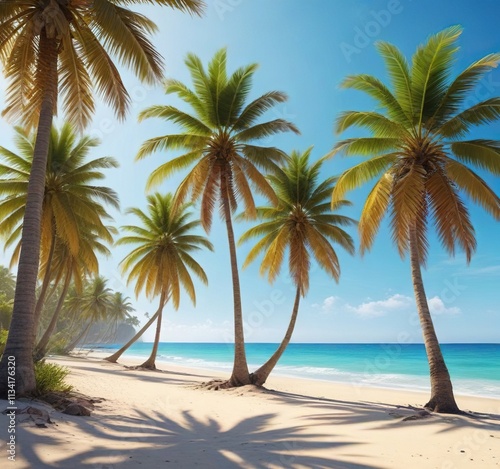 Sunny day on the beach with palm trees and clear blue sky, landscape, clear sky