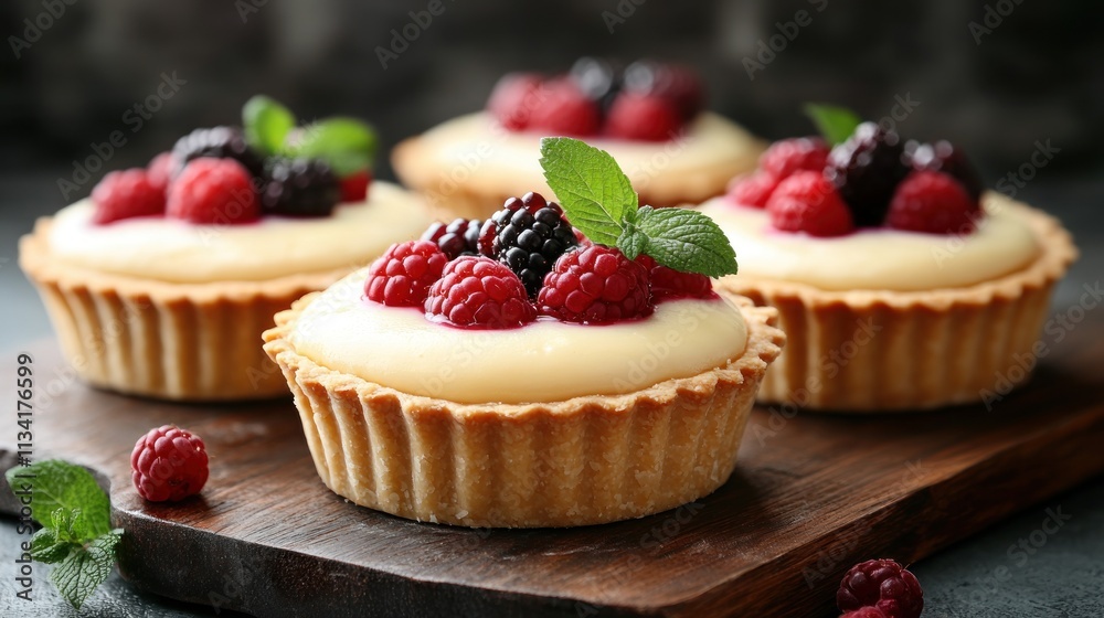 Delicious berry tarts topped with fresh raspberries and blackberries on a wooden board.