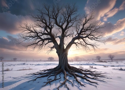 A bare winter tree with branches stretching upwards towards the clouds and its roots frozen in the ground, tree, misty, branch photo