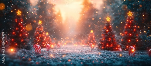 Magical Christmas trees in snowy forest with lights and candy canes.