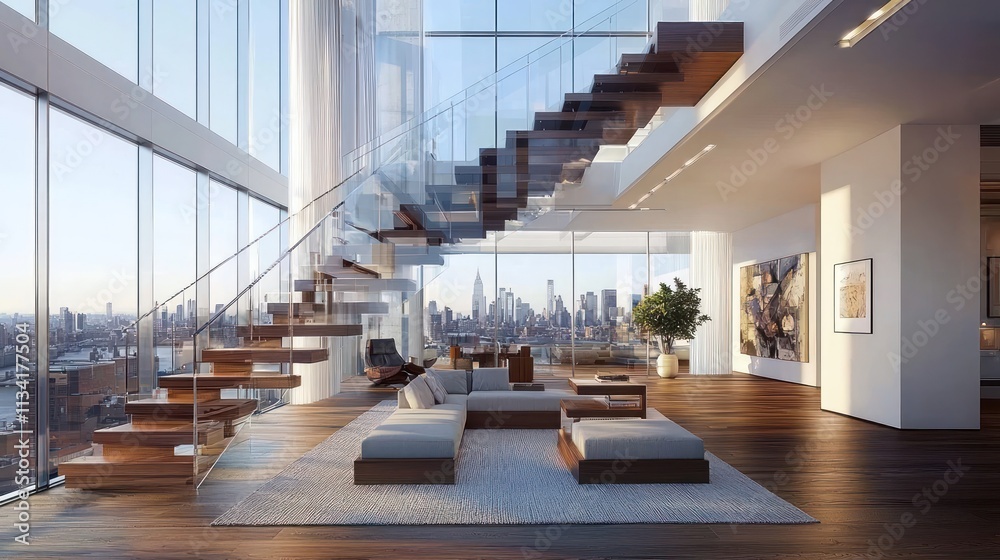 Floating wooden stairs with glass railings, seamlessly connecting to a bright open living area. Floating wooden stairs with glass railings, seamlessly connecting to a bright open living area.