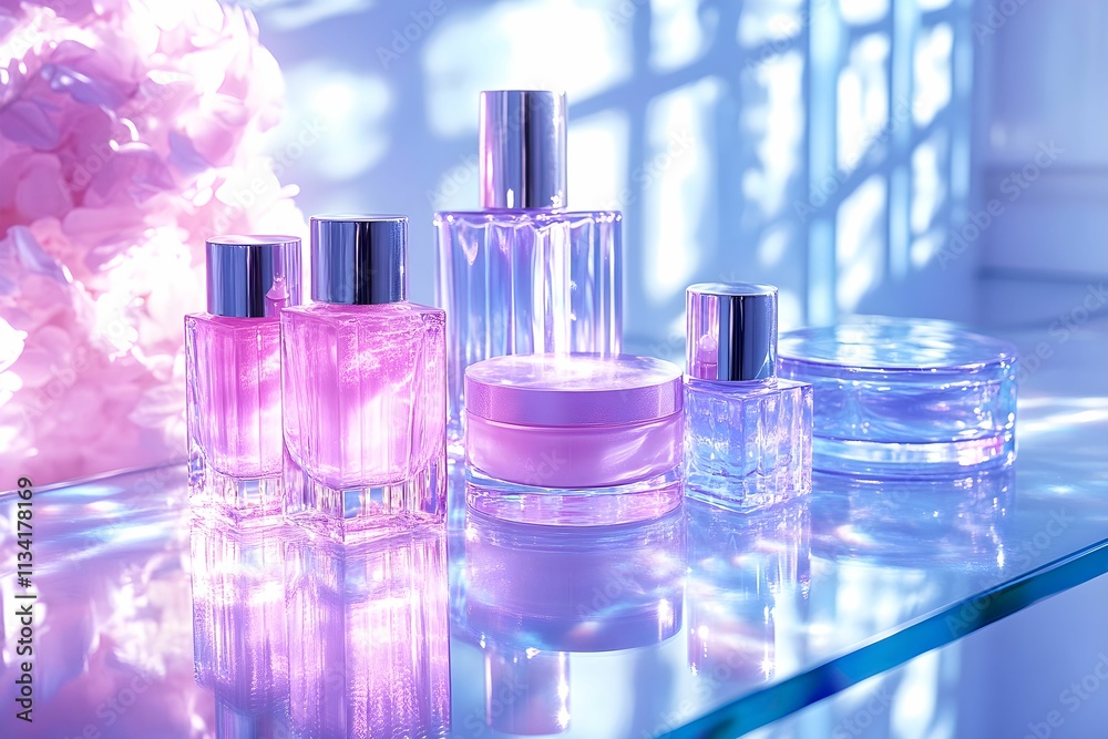 A collection of elegant perfume bottles in shades of pink and purple, beautifully arranged and illuminated by soft natural light. A collection of elegant perfume bottles in shades of pink and purple, beautifully arranged and illuminated by soft natural light.