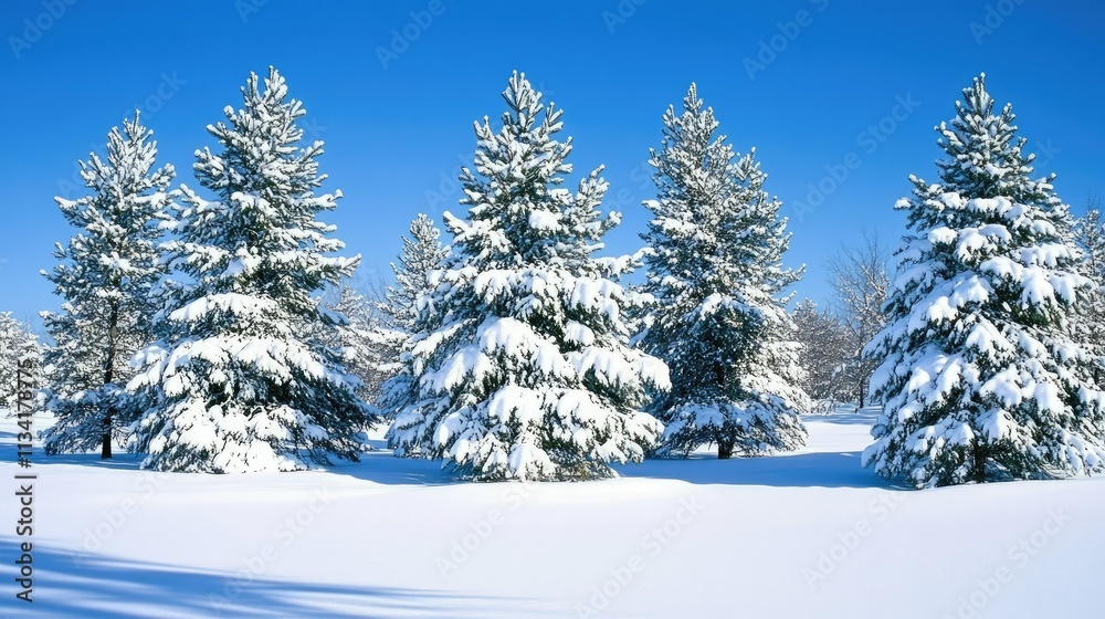 Naklejka premium A Serene Landscape of Snow-Covered Pine Trees Under a Bright Blue Sky in a Winter Wonderland Setting Filled with Fresh Snow on the Ground