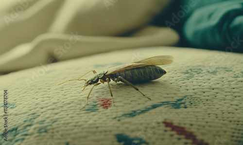 Close-up of a psocid insect on textured fabric.  A detailed view of its wings and body. photo