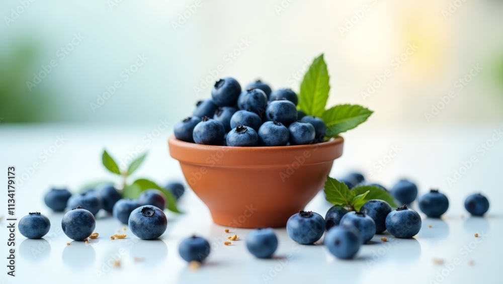 A clay pot overflowing with fresh blueberries, surrounded by green leaves and scattered berries, embodies the essence of summer and healthy snacking A clay pot overflowing with fresh blueberries, surrounded by green leaves and scattered berries, embodies the essence of summer and healthy snacking