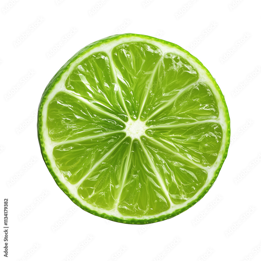 Single slice of fresh juicy lime lemon isolated on white background