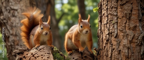 Red squirrel climbing up a tree trunk to reach the peanut feeder, Abernethy forest, climbing photo